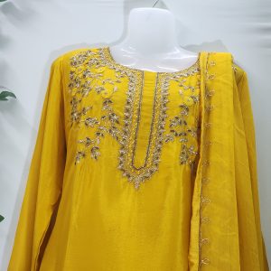 Alternative view of Aurelia Dusk – Mustard Crape Silk Salwar Suit with Golden Embroidery & Designer Dupatta
