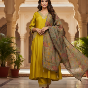 Sunehri Noor – Mustard Raw Silk Salwar Suit with Golden Embroidery & Designer Floral Dupatta