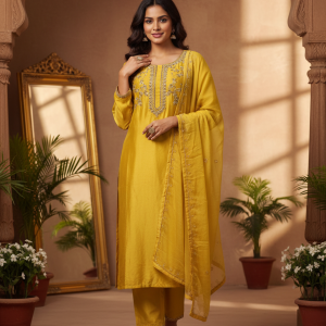 Aurelia Dusk – Mustard Crape Silk Salwar Suit with Golden Embroidery & Designer Dupatta