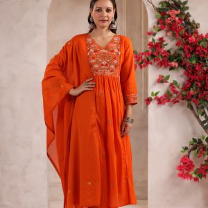 Kesarika Glow – Saffron Mul Cotton Thread Embroidered Salwar Suit