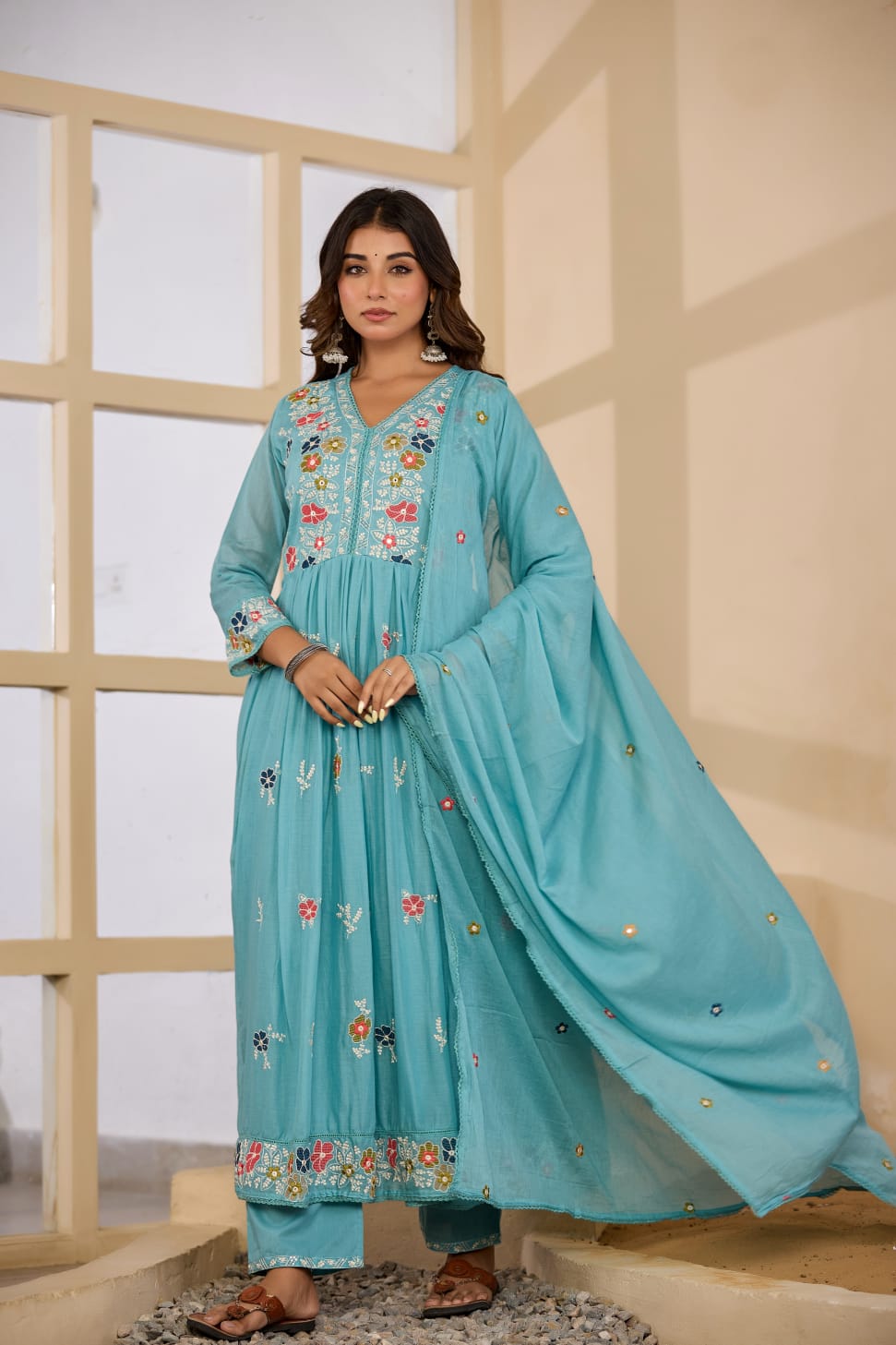 Mahishka – Turquoise Bloom Anarkali Suit