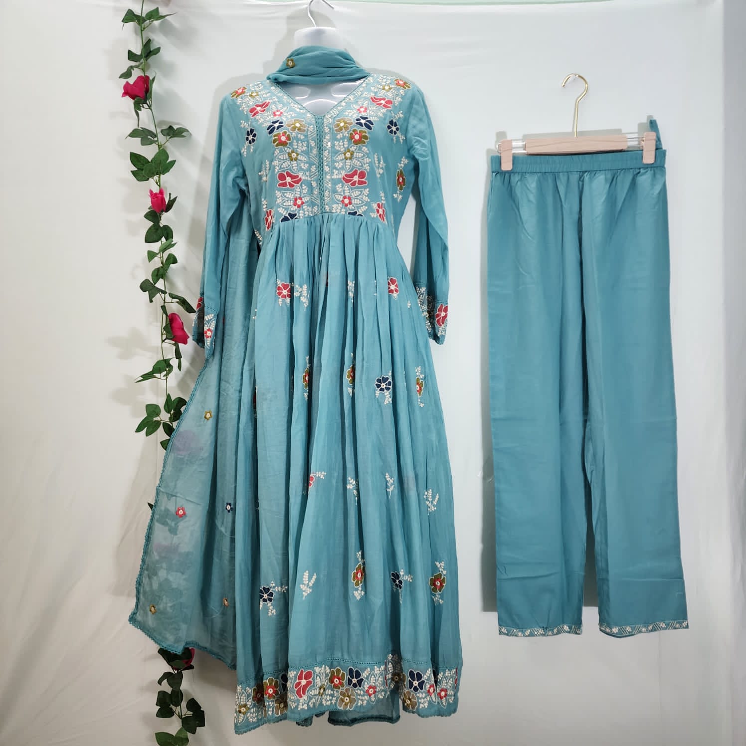 Mahishka – Turquoise Bloom Anarkali Suit - Image 2