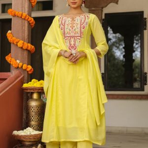 Aahana – Yellow Mul Cotton Thread-Embroidered Salwar Suit