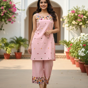 Aarohi – Peach Silk-Cotton Embroidered Co-ord Set