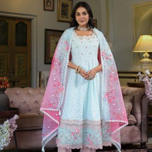Eshana – Ivory White Floral Embroidered Anarkali Suit with Ombre Dupatta