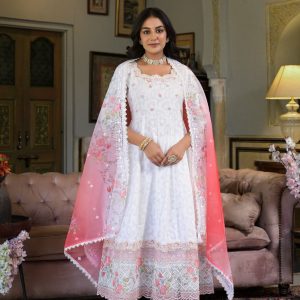 Laasya – Ivory White Floral Embroidered Anarkali Suit with Ombre Dupatta