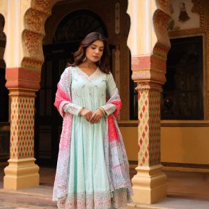 Neelambari – Powder Blue Lace-Embroidered Anarkali Suit with Dupatta