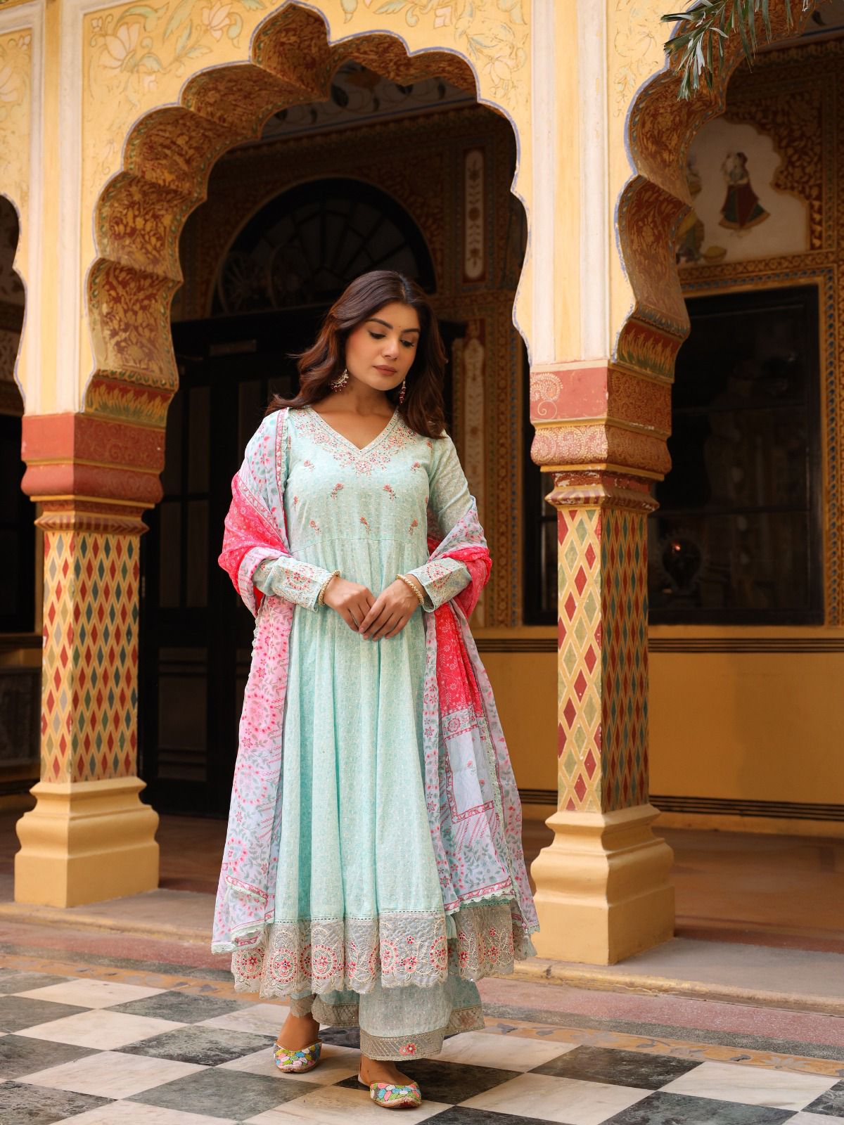 Neelambari – Powder Blue Lace-Embroidered Anarkali Suit with Dupatta