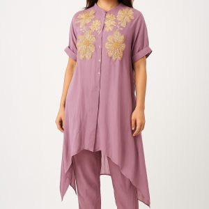 Alternative view of Zarika – Premium Mauve Co-Ord Set with Golden Floral Embroidery