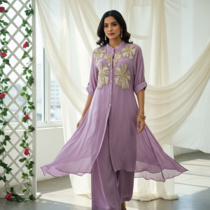 Zarika – Premium Mauve Co-Ord Set with Golden Floral Embroidery