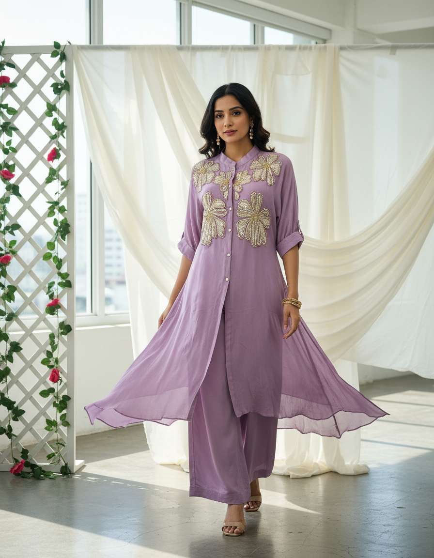 Zarika – Premium Mauve Co-Ord Set with Golden Floral Embroidery